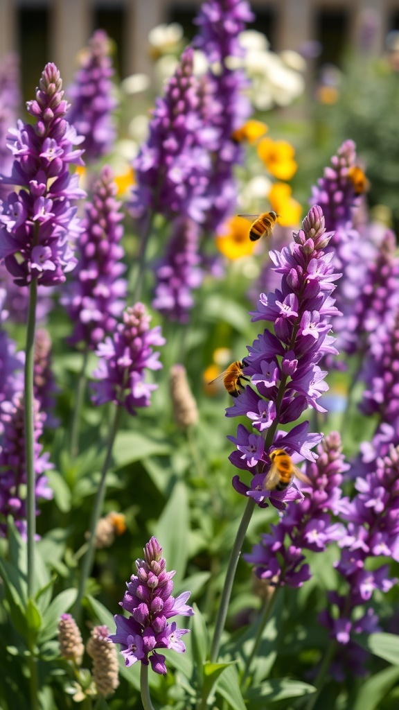 Clusters of purple salvia flowers with bees buzzing around them in a sunny garden