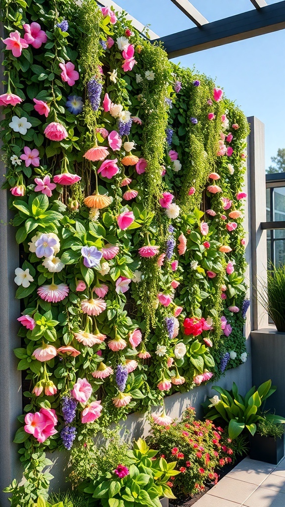 A vertical garden wall filled with colorful flowers and greenery.