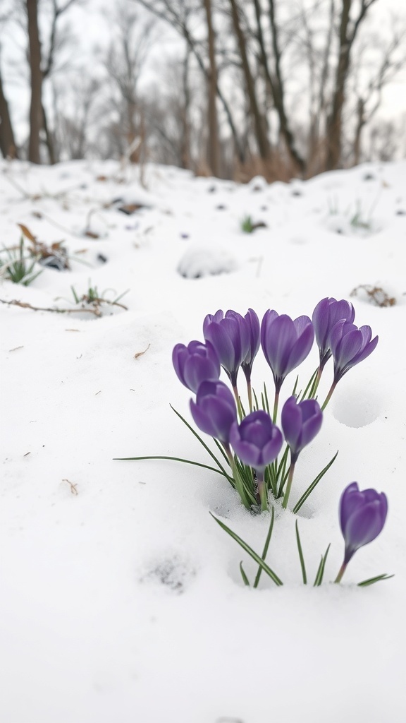 A cluster of purple crocus flowers blooming in the snow