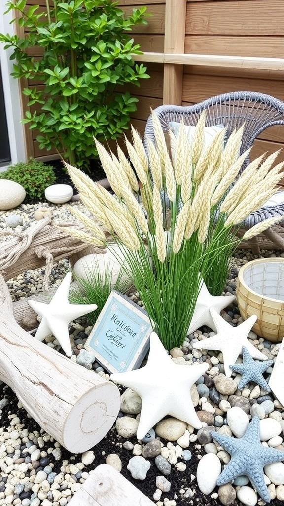 A coastal beach garden setup featuring tall grasses, decorative starfish, a duck figurine, and a green vase among sandy pebbles.