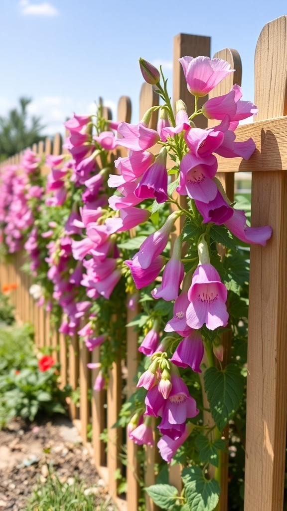 A row of pink sweet peas climbing a wooden fence in a sunny garden.