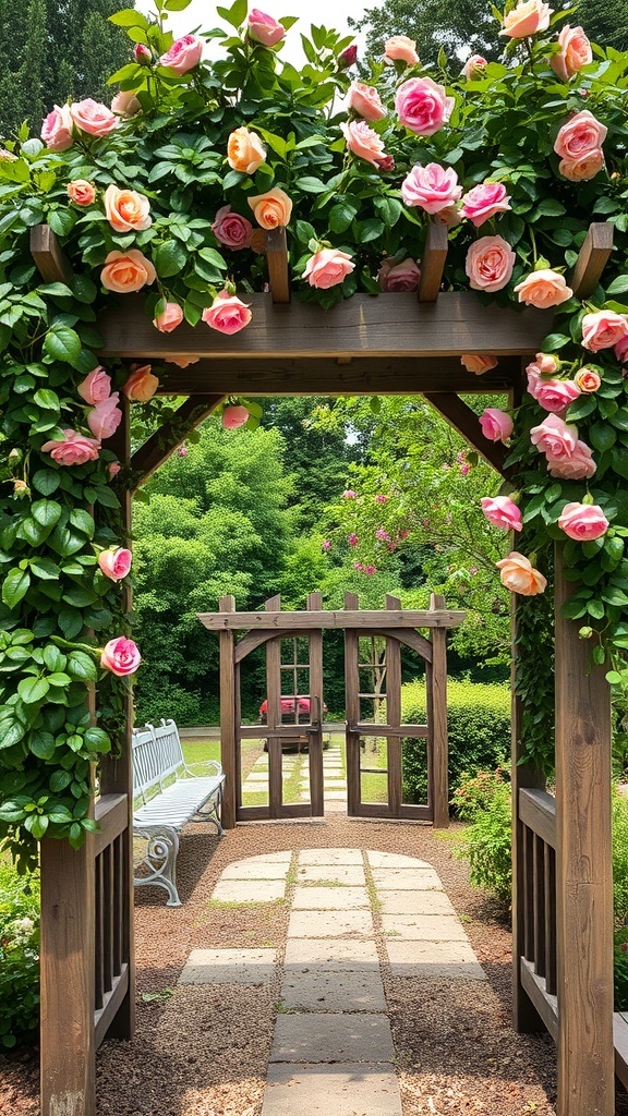 A rustic wooden arbor covered with blooming roses, leading to a garden pathway with a bench.