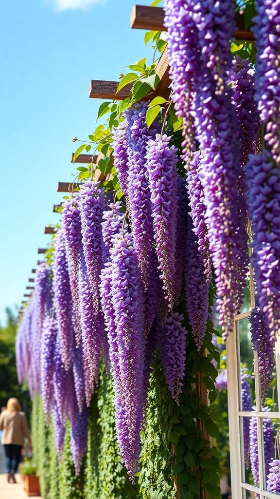 Cascading purple wisteria flowers hanging from a trellis under a clear blue sky.