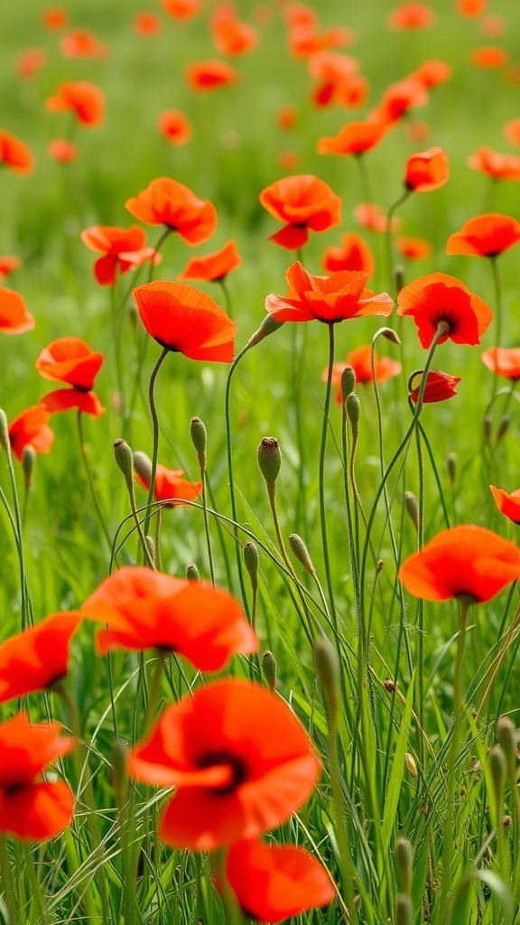 A field of vibrant red poppies swaying in the breeze, surrounded by green grass.
