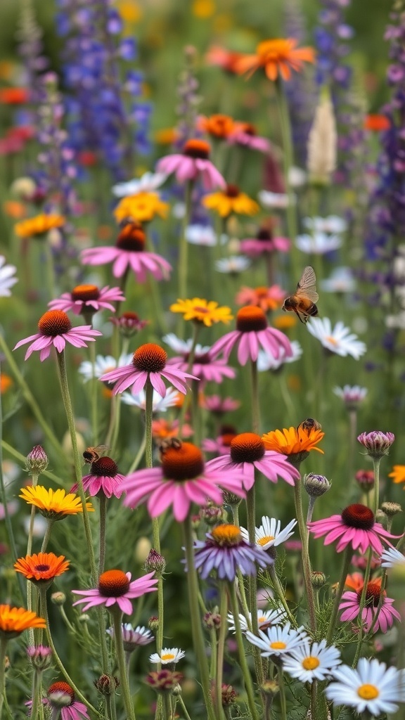 A colorful wildflower garden with various flowers including daisies and coneflowers, attracting bees and butterflies.