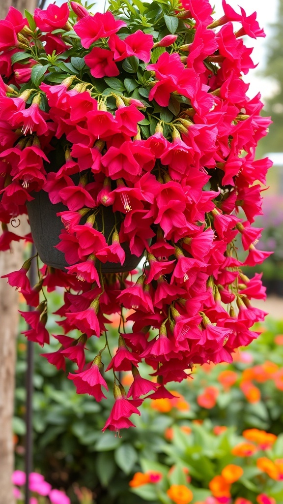 A vibrant display of red fuchsia flowers hanging in a basket, showcasing their cascading beauty.