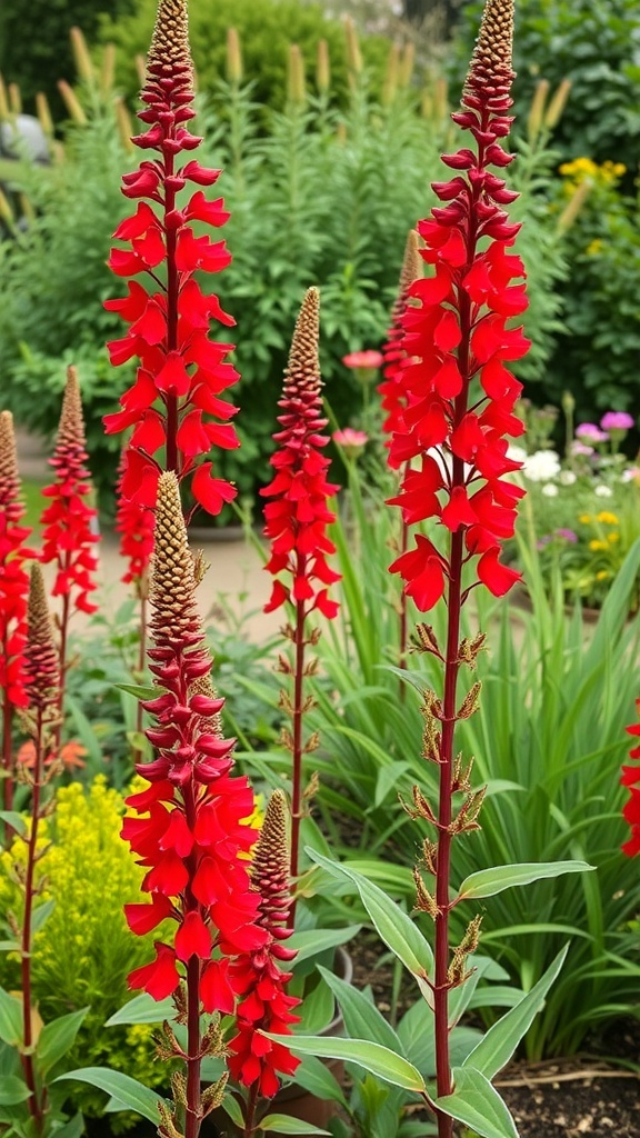 Tall red Salvia flowers with green foliage in the background