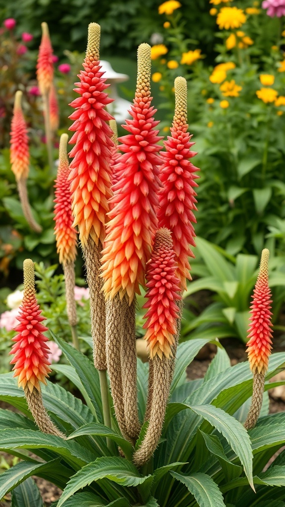 A vibrant display of Red Hot Poker flowers in shades of red and orange, standing tall in a garden.