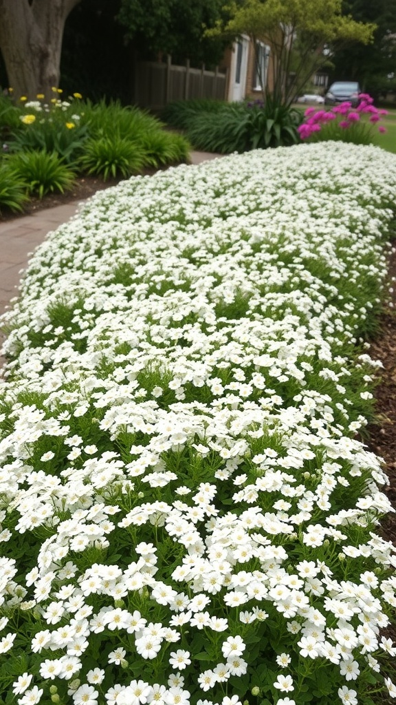 A lush border of white Sweet Alyssum flowers in a garden