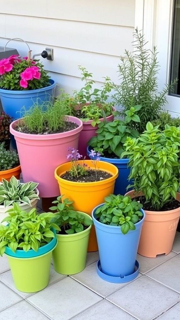 A colorful display of various potted plants in different sizes and shapes, showcasing a creative container garden.