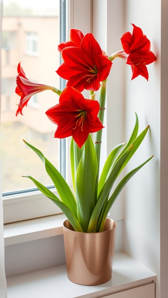 A vibrant amaryllis plant with red flowers on a windowsill