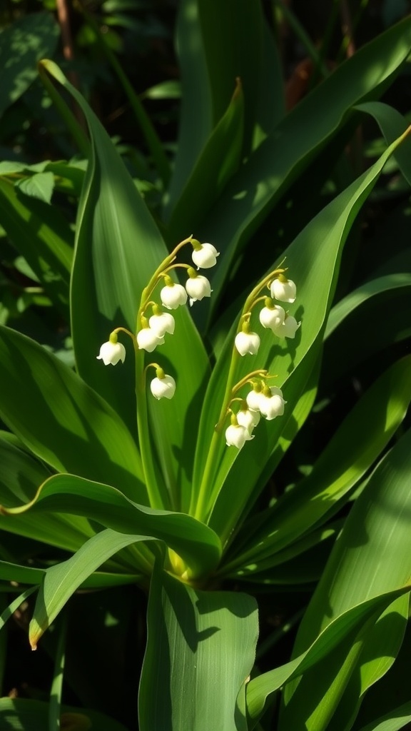 White Lily of the Valley flowers with green leaves