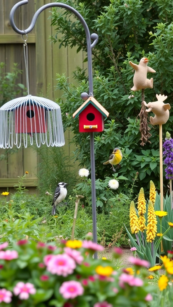 A vibrant wildlife habitat garden featuring colorful flowers, birdhouses, and birds.