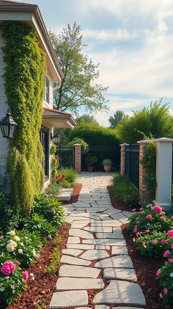A beautiful stone pathway bordered by colorful flowers and greenery, leading to a garden gate.