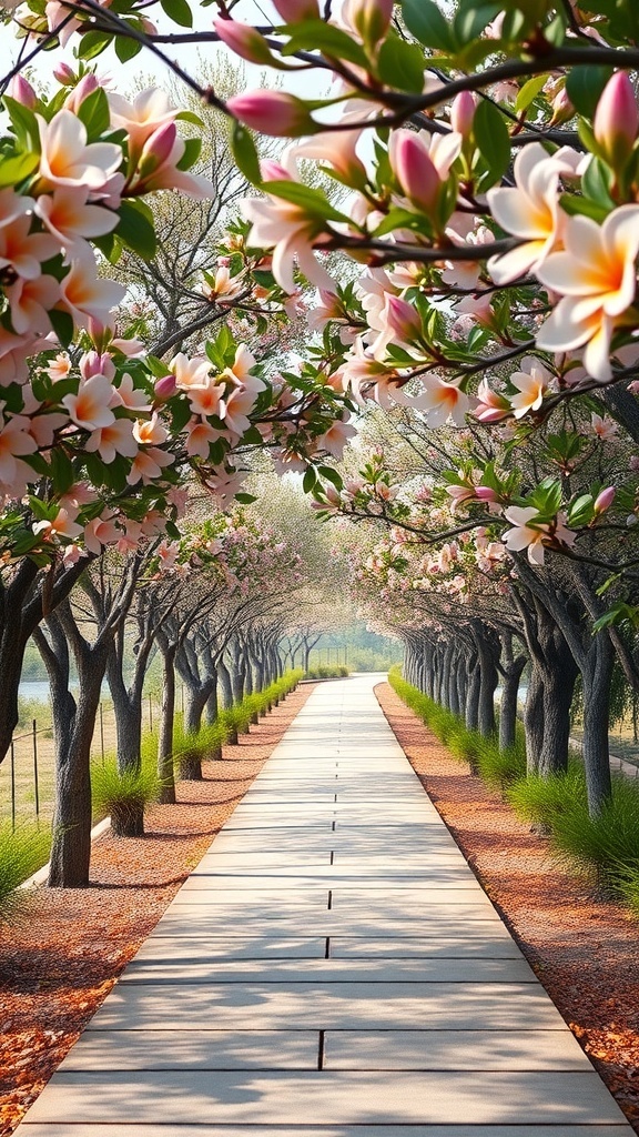 A beautiful pathway lined with blooming plumeria trees, creating a vibrant and fragrant outdoor space.