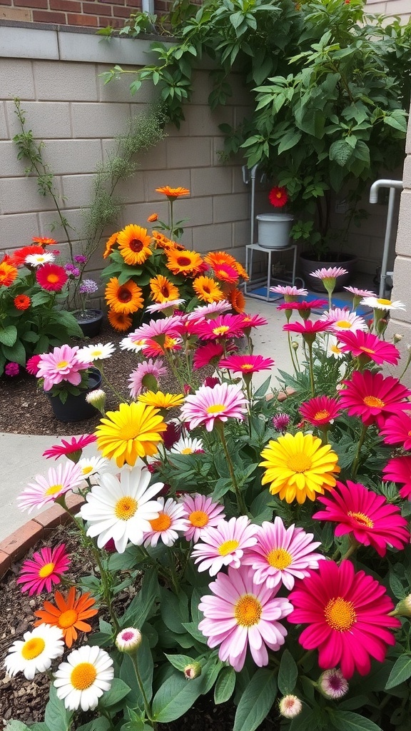 A colorful flower garden with daisies and sunflowers in a small space.