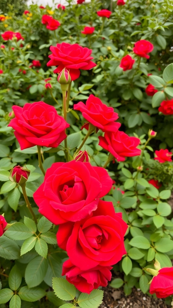 A close-up of vibrant red roses in full bloom, surrounded by lush green leaves.