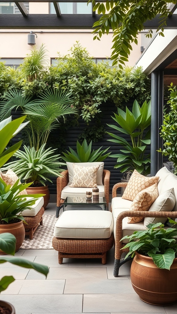 Chic outdoor lounge with wicker furniture and lush greenery