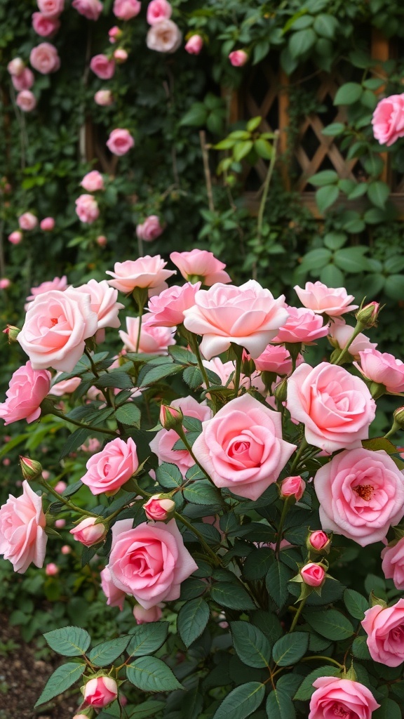 A vintage rose garden with pink roses lining a stone pathway leading to an archway.