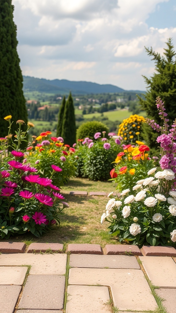 A vibrant flower garden with colorful blooms and a scenic view of rolling hills in the background.