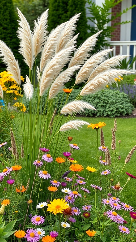 A vibrant front yard featuring swaying grasses and colorful wildflowers.