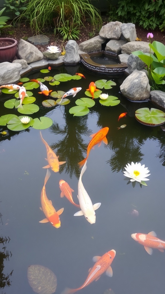 A serene pond with koi fish, lily pads, and surrounding greenery