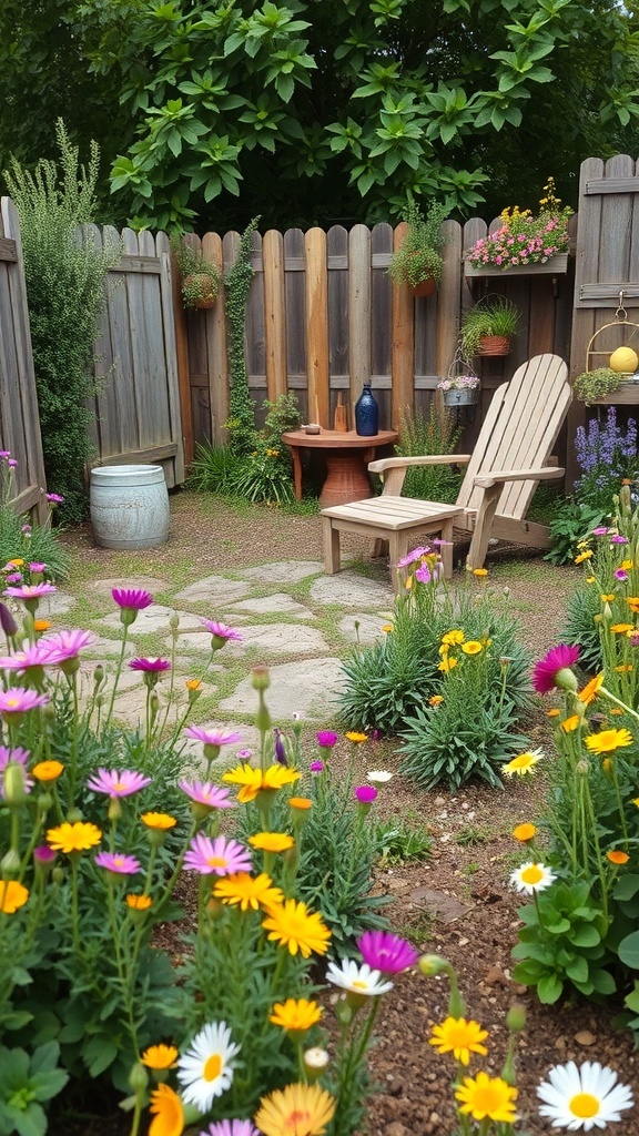 A rustic flower garden with a wooden structure, colorful flowers, and a cozy seating area.