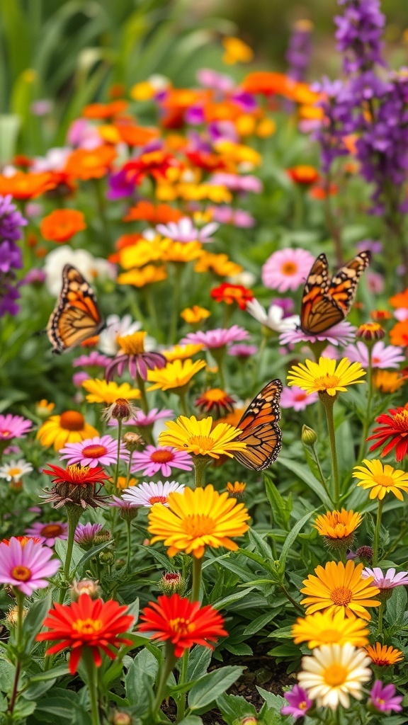 A vibrant flower bed with butterflies fluttering among colorful flowers.