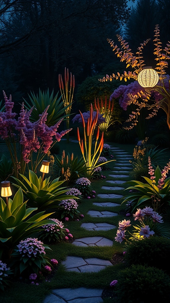 A beautifully lit tropical garden at night with colorful flowers and a stone pathway.