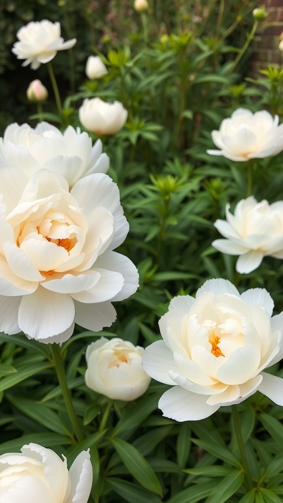 A close-up view of beautiful white peonies blooming in a garden.