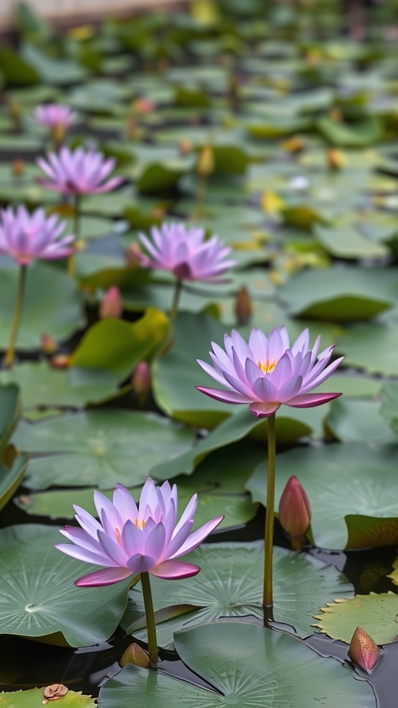 Purple lotus flowers blooming on a serene water surface surrounded by green lily pads.