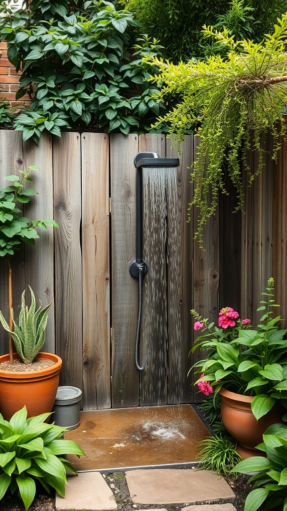 Outdoor shower surrounded by plants and flowers in a backyard setting.