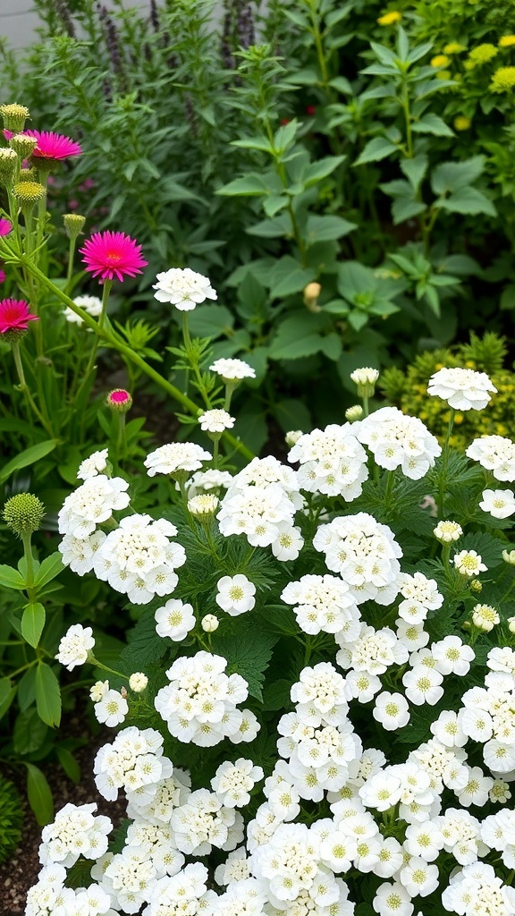 Clusters of white scabiosa flowers in a garden setting with pink flowers in the background.