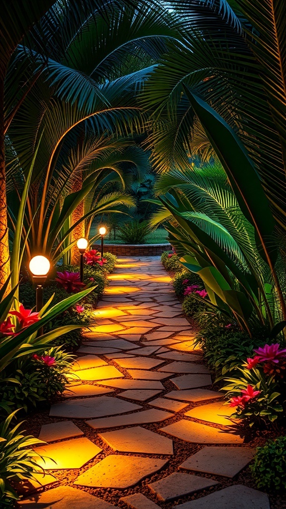 A beautifully lit tropical pathway with lamps and lush greenery.