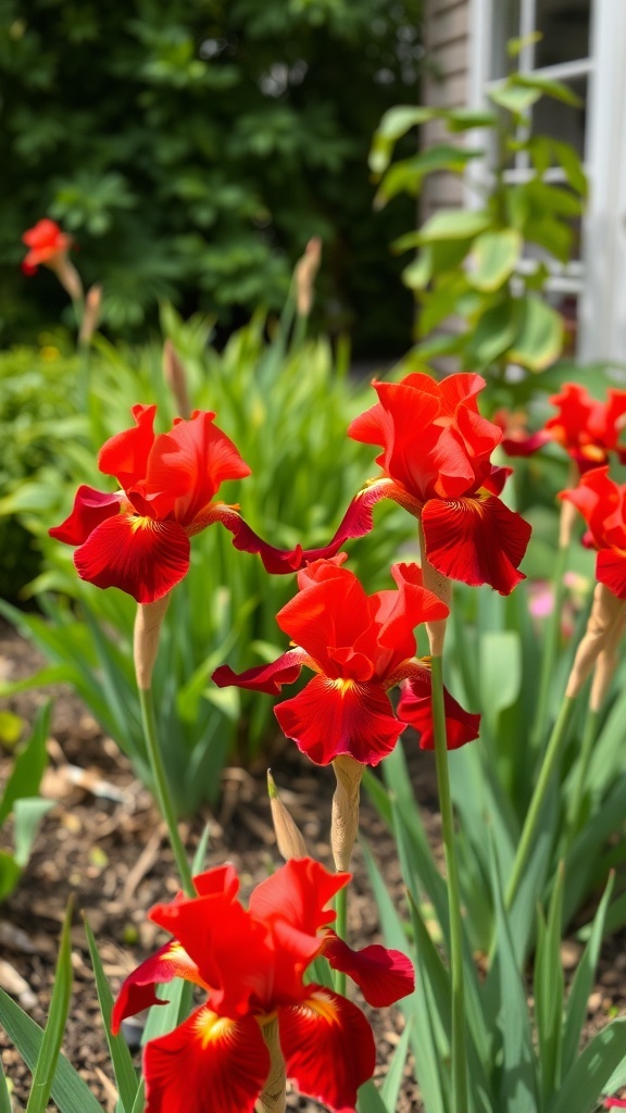 A close-up of vibrant red iris flowers in a garden setting.