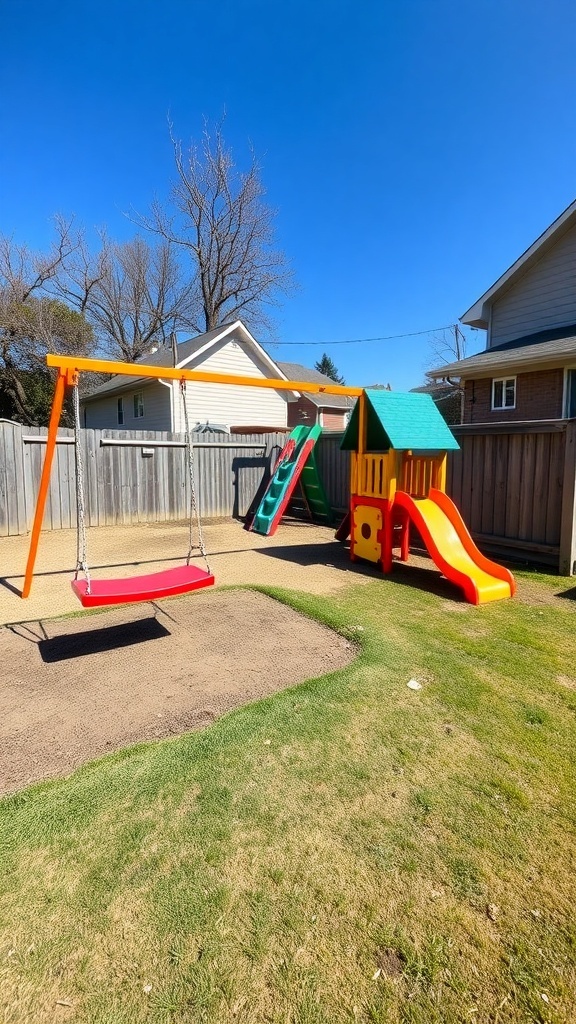 A colorful backyard play area with swings and a slide