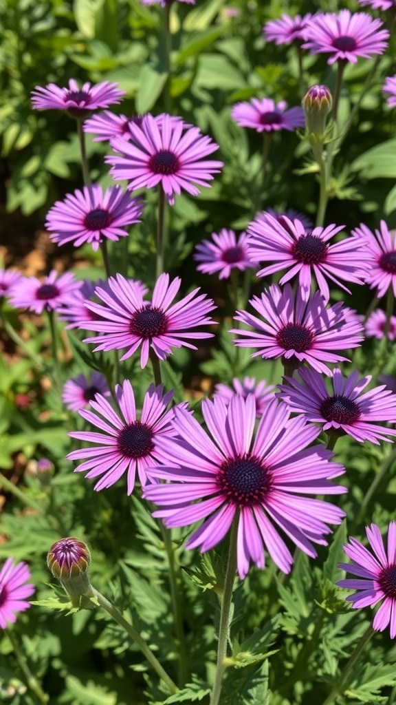 A cluster of vibrant purple asters with dark centers, blooming in a sunny garden.