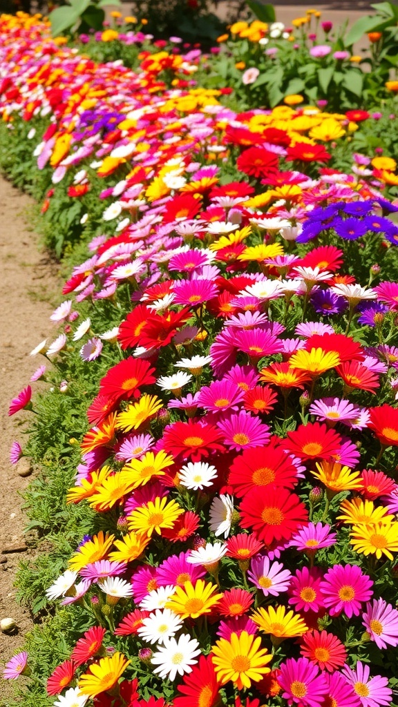 A vibrant flower garden filled with red, yellow, pink, and purple flowers creating a colorful border.