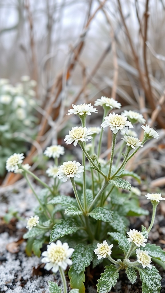 Close-up of white cineraria flowers with green leaves in a winter setting.