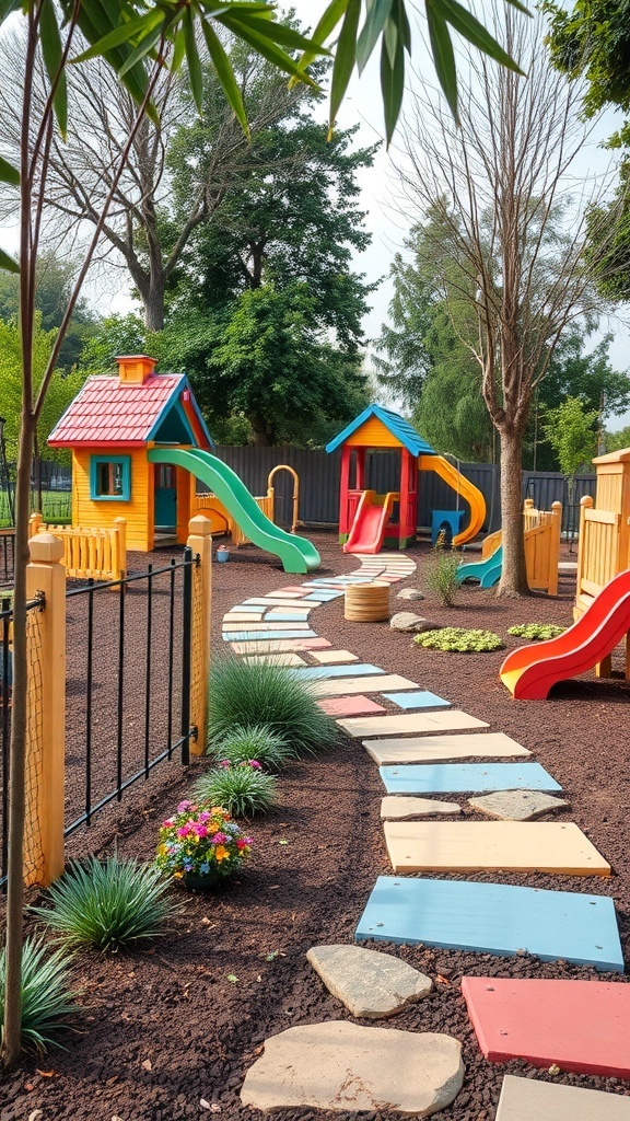 A colorful children's adventure garden featuring playhouses, slides, and a winding path.