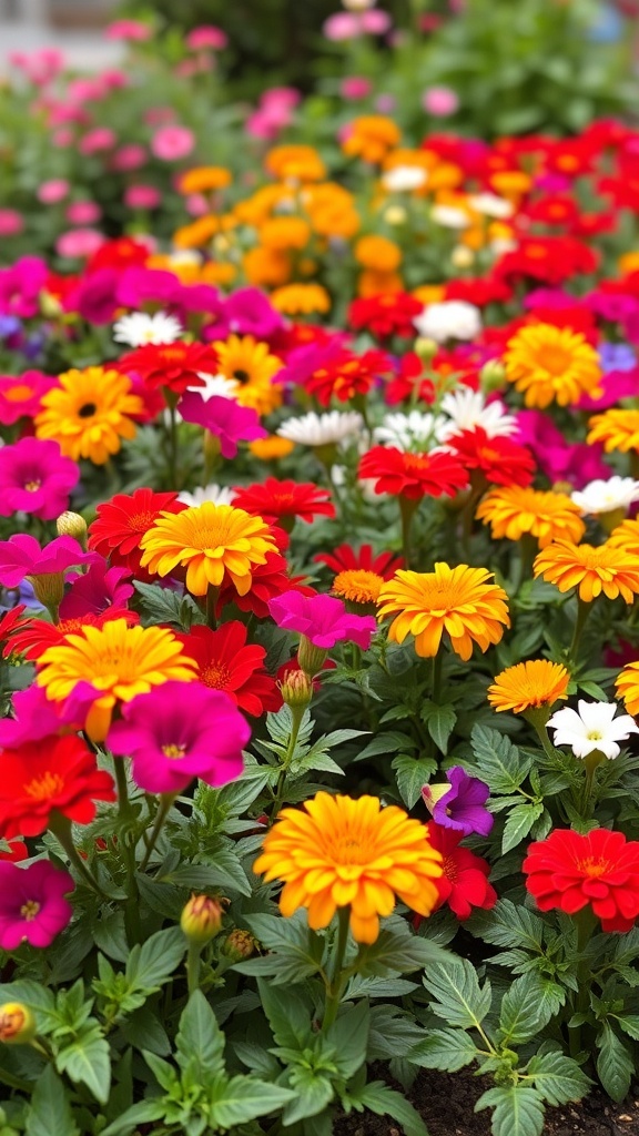 A colorful flower garden featuring a variety of annuals in bright reds, yellows, and pinks.