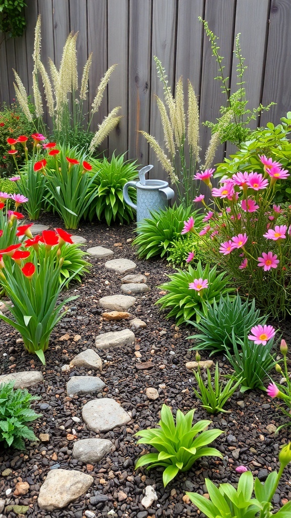A colorful rain garden with flowers, greenery, and stepping stones.