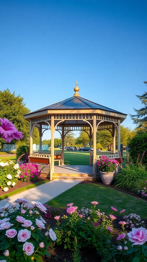 A beautiful gazebo surrounded by colorful flowers and greenery in a backyard setting.