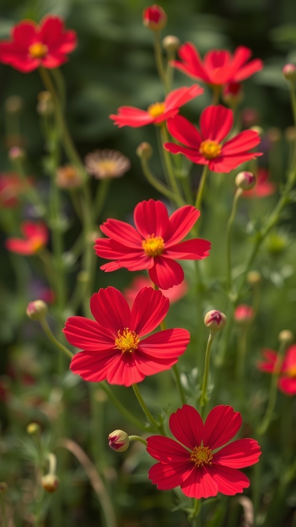 A cluster of bright red Cosmos flowers with green stems and buds.