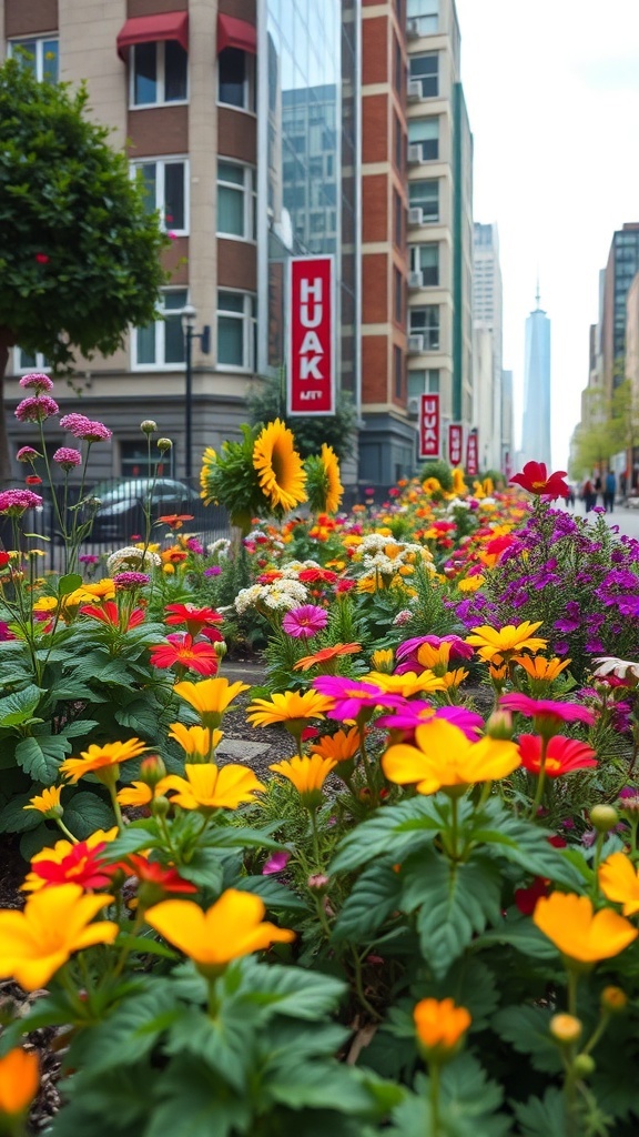 Colorful flower bed in an urban setting with buildings in the background.