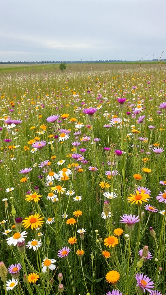 A vibrant wildflower meadow filled with various colorful flowers.