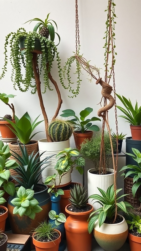 A vibrant display of various plants in colorful pots, showcasing unique arrangements and textures.
