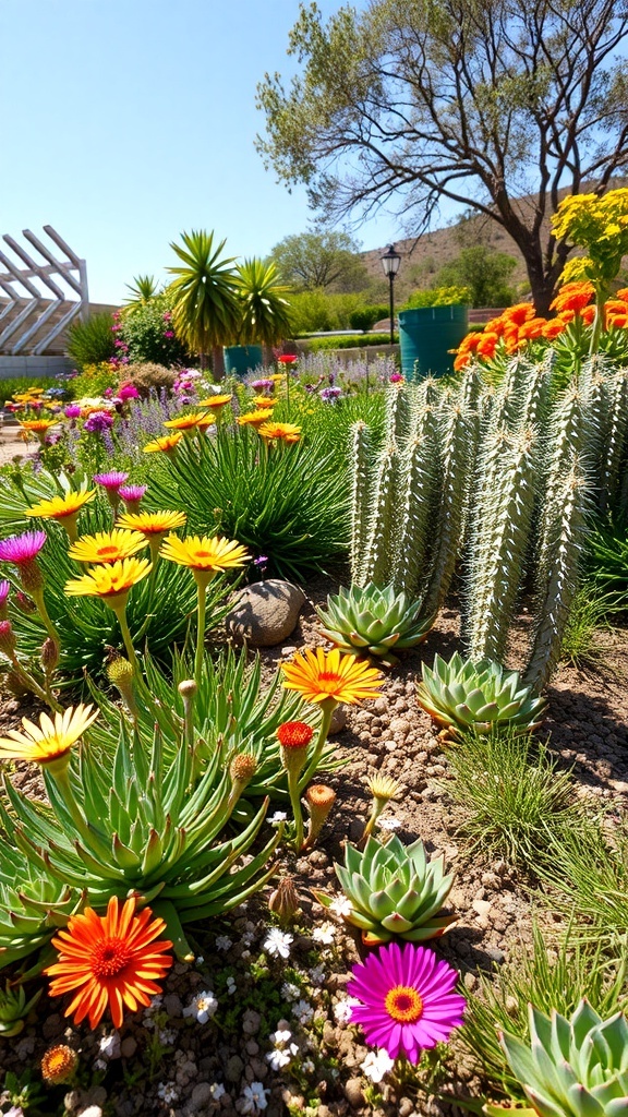 A vibrant flower garden featuring drought-resistant flowers and succulents.