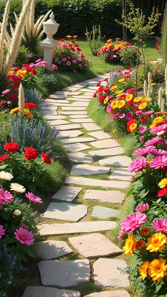 A beautiful flower garden with a stone pathway surrounded by colorful flowers.