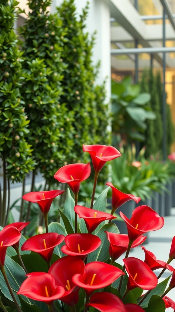 A vibrant cluster of red calla lilies surrounded by lush green foliage.